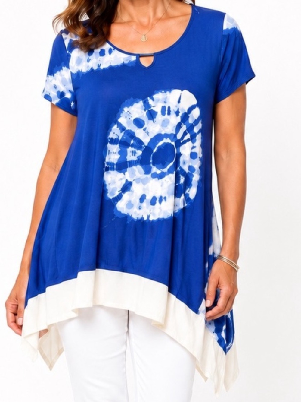 MULTIPLES Royal Blue & White Tie-Dye Handkerchief Hem Tunic Top